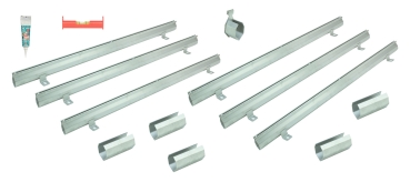 Schlitzrinnen Set 6 Stück Edelstahl 1 Meter Bauhöhe 75mm, 5 x Verbinder, 1 x Endstück, 1 x Dichtmittel, 1 x Schnurwasserwaage